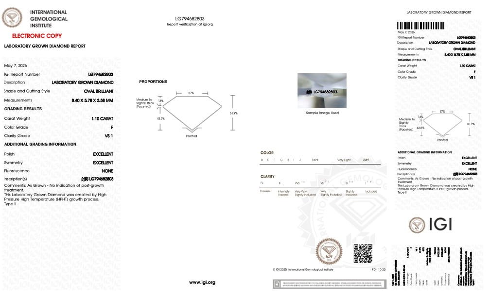 Certificado IGI de un diamante de laboratorio entregado por White Magnolia