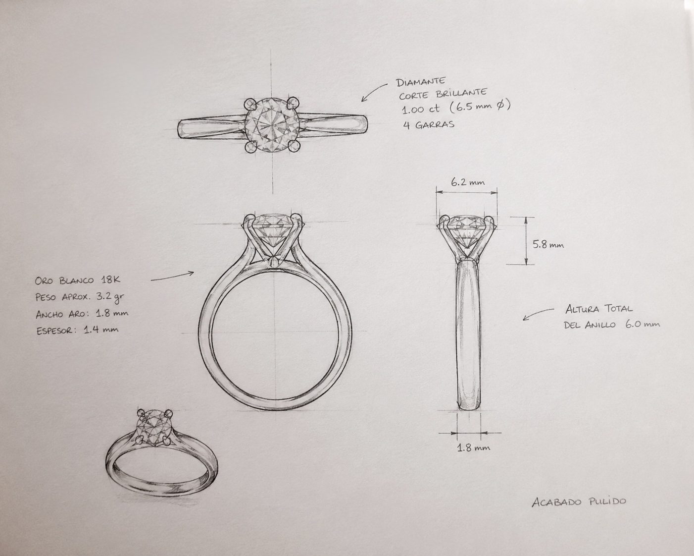 Boceto a lápiz de un anillo solitario con sus medidas, primer diseño en White Magnolia